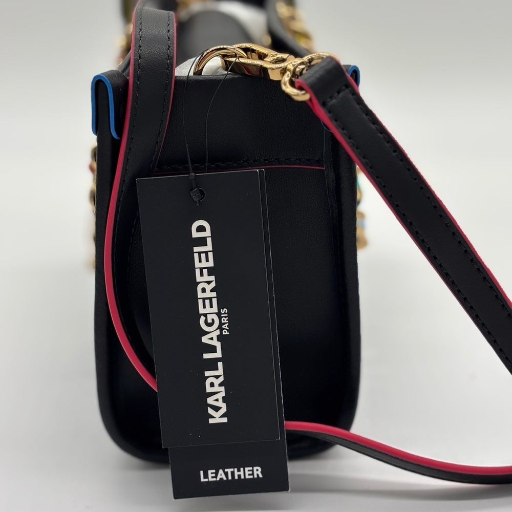 Karl Lagerfeld Black and Pink Leather Crossbody Bag with Multicolor Chain - Picture 4 of 13